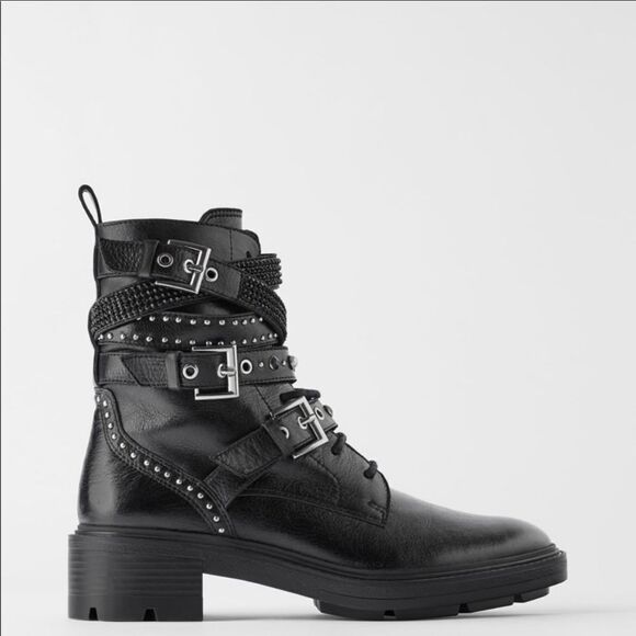 NWT ZARA Studded Rhinestone Buckle Moto Leather Boots 37 - Picture 1 of 9